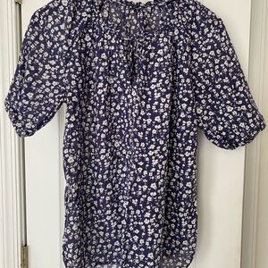 Ann Taylor Factory Blue Puff Sleeve Smocked Blouse